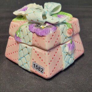 Fitz And Floyd Ceramic Strawberry Trinket Box with Blue Ribbon and Flower Design